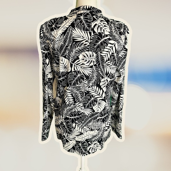 NWT Calvin Klein Black & White Tropical Leaf Print Linen Blend Button Up Size S - Picture 9 of 11